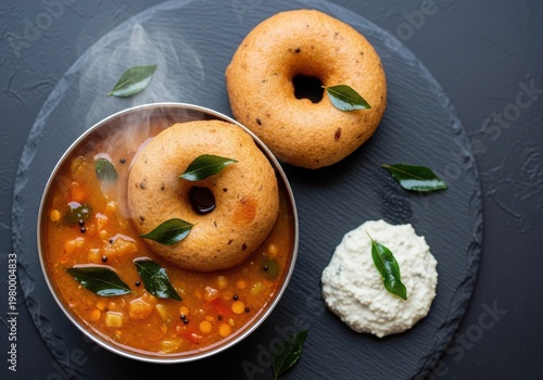 Traditional south indian breakfast medu vada served with sambar and chutney