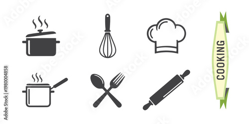 Vector icons of various cooking utensils and tools on white background