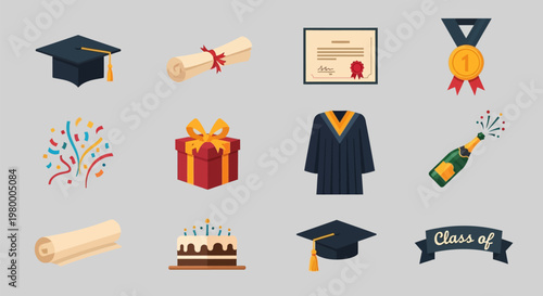 Collection of Graduation Celebration Icons and Symbols.