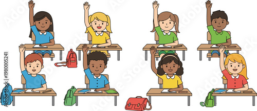 Diverse Children Raising Hands in Classroom with School Bags and Supplies Vector Set for Education and Classroom Engagement