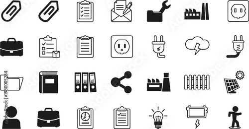 Corporate office and renewable energy vector icons set featuring business administration tools electrical power symbols and industrial factory silhouettes