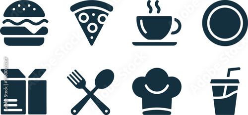 Set of various flat vector icons representing restaurant menu items cooking tools and fast food meals