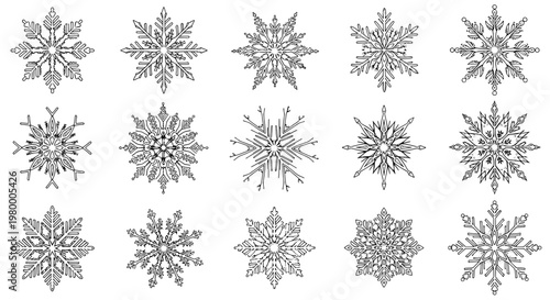 Snowflake ornaments hand drawn line art set with delicate frost patterns for winter holiday decorations