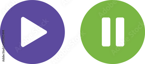 Purple play and green pause buttons representing media playback controls for digital video and audio interfaces