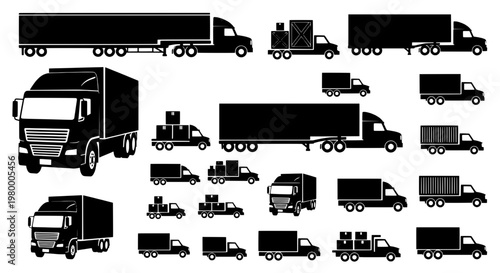 Trucks black silhouette set with various semi-trailer and cargo vehicles, including big rigs and small delivery vans, for logistics and