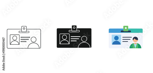 Id card  Icon Vector Set in Three Styles — Line Art, Silhouette and Color Version, identity badge vector illustration, employee identification card with photo and personal information