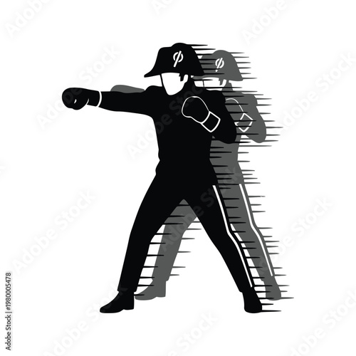Dynamic silhouette of a boxer in action with motion blur effect on suit