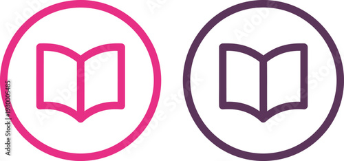 Two circular icons featuring open book symbols in vibrant pink and deep purple line art styles