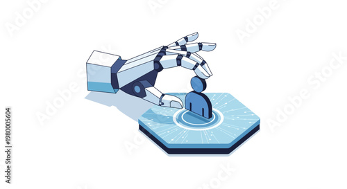 Isometric Robotic Hand Selecting Human Icon, AI Recruitment and Automation Concept, Vector Illustration of Human Resources and Digital Talent Management