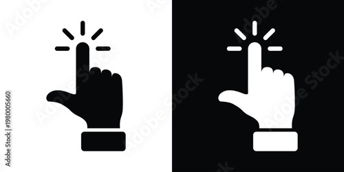 Black pointing finger adjacent to black square featuring white finger with radiating starburst sparkle. Minimalist vector icon for magic tap, highlight, success actions in UI, apps, promotional graphi