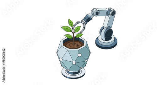 Robotic Arm Tending to Green Plant in Futuristic Pot - Smart Agriculture, AI Technology and Sustainable Innovation Concept Illustration