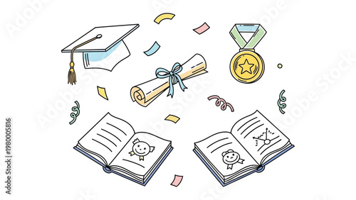 Graduation Essentials: A charming illustration featuring a graduation cap, diploma, medal, and open books, symbolizing academic achievement and celebration.