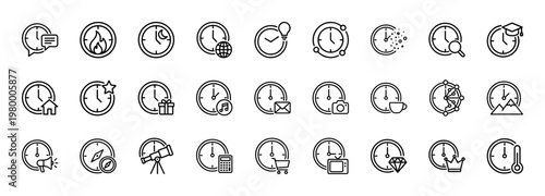 Time and clock line icons for business productivity