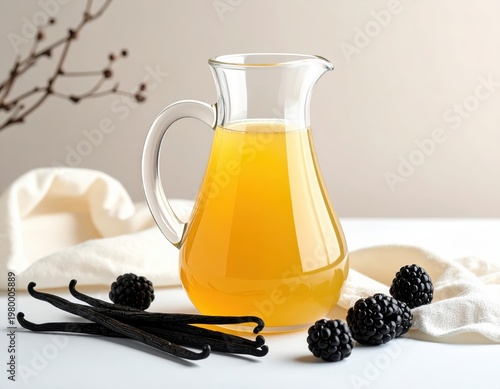 Clear glass pitcher filled with golden honey on a neutral background with fresh blackberries and vanilla pods in a minimal setting