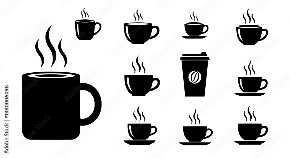 Fototapeta premium Cup coffee set with various styles and steam rising icons featuring hot, beverage, drink with black and white elements for icon, illustration