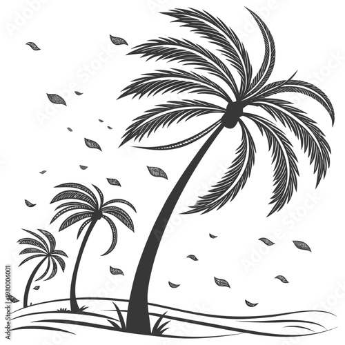 A striking black and white illustration depicts several palm trees swaying amidst a flurry of falling leaves evoking a tropical scene