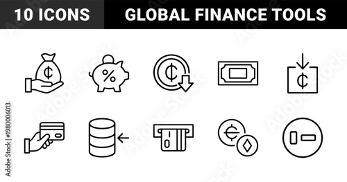 Finance and banking minimalist line icons set on white background