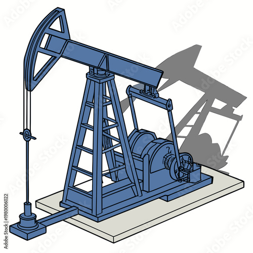An illustrative depiction of a blue oil pump jack commonly used for extracting petroleum from underground reservoirs is shown high quality professional