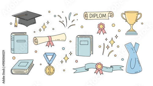 Academic Achievement Icons: A collection of meticulously crafted icons symbolizing education, graduation, and academic accomplishments. Showcasing a blend of artistic design.