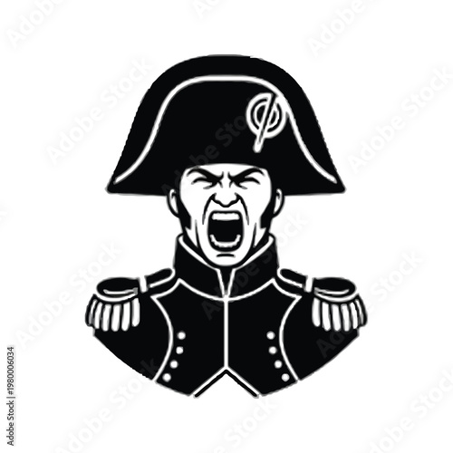 Angry historical naval officer with shouting expression in black and white