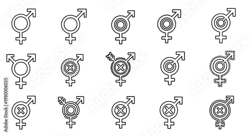 Gender symbols set with female and male icons, arrows and crosshair targets, line art icons for equality design