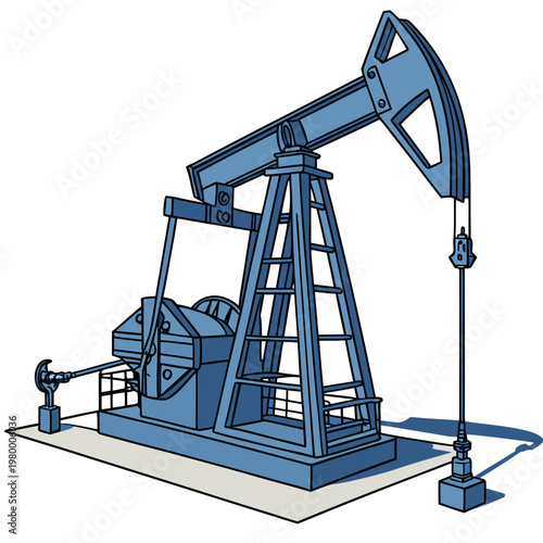 A stylized illustration depicts a blue oil pump jack commonly known as a nodding donkey used for extracting petroleum from the earth