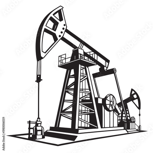 A detailed black and white illustration depicts a classic oil pump rig showcasing the industrial machinery used for extracting crude oil from