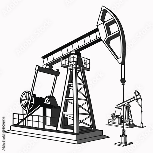 A detailed black and white illustration depicts an oil pump or rocking horse rig used for extracting petroleum from the earth s