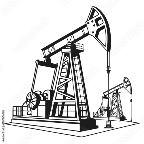 A detailed black and white illustration depicts two oil pumps showcasing the machinery used for extracting resources from the earth high quality
