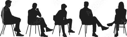 Silhouettes of five people sitting on chairs in relaxed poses on a white background vector illustration