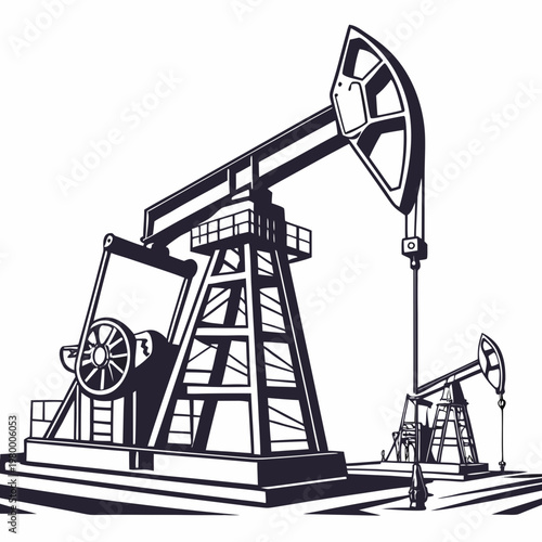 A detailed black and white illustration showcases two oil pump jacks operating in a barren landscape symbolizing energy extraction high quality professional