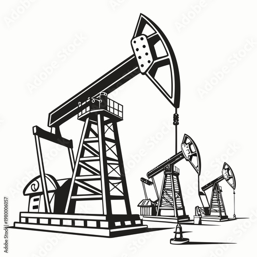 A black and white illustration depicts multiple oil pumps commonly known as nodding donkeys extracting resources from the earth s surface