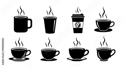 Cups coffee icon set with steam rising from black silhouettes, various styles and shapes, hot beverage symbols.