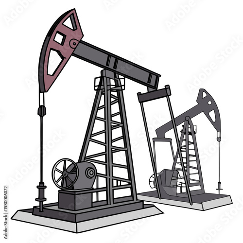 A stylized illustration depicts two oil pumps commonly known as nodding donkeys against a plain white background showing industrial machinery high quality