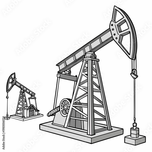 A detailed black and white illustration showcases two oil pumps also known as nodding donkeys extracting resources from the ground high quality