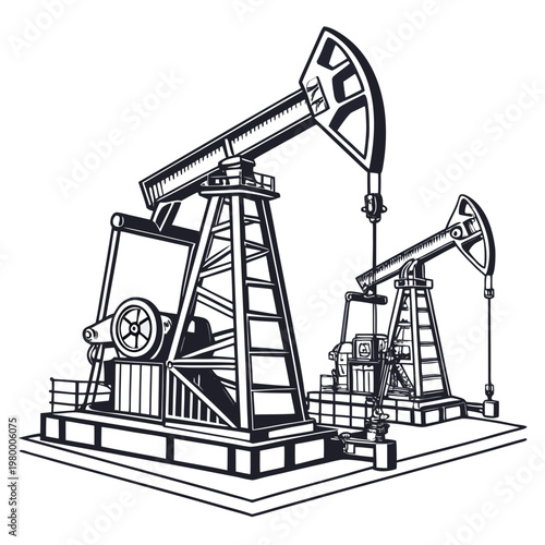 A detailed black and white illustration depicts two vintage oil pumps showcasing the mechanics of early petroleum extraction technology high quality professional