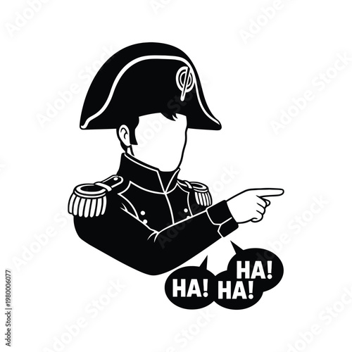 Napoleon-style character pointing with a humorous 'ha ha' speech bubble
