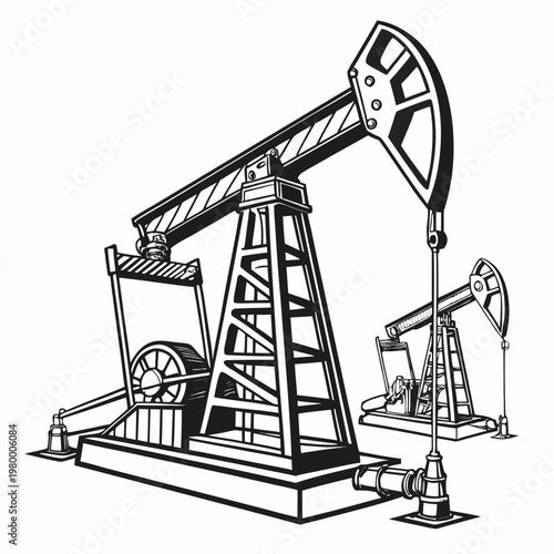A vintage style illustration depicts two oil pumps also known as nodding donkeys extracting resources from the earth high quality professional detailed