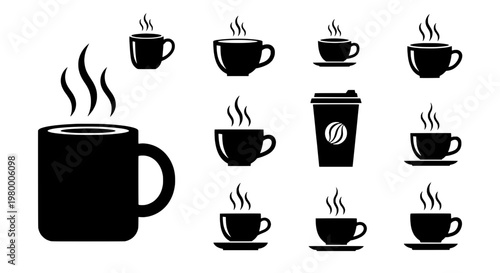 Cup coffee set with various styles and steam rising icons featuring hot, beverage, drink with black and white elements for icon, illustration