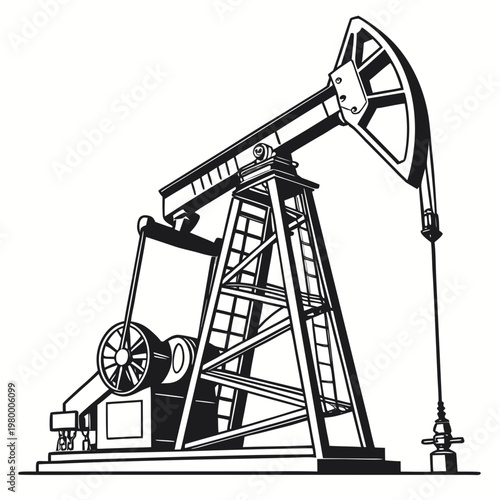 A detailed black and white illustration showcases a classic oil pump rig commonly known as a nodding donkey in a stark graphic