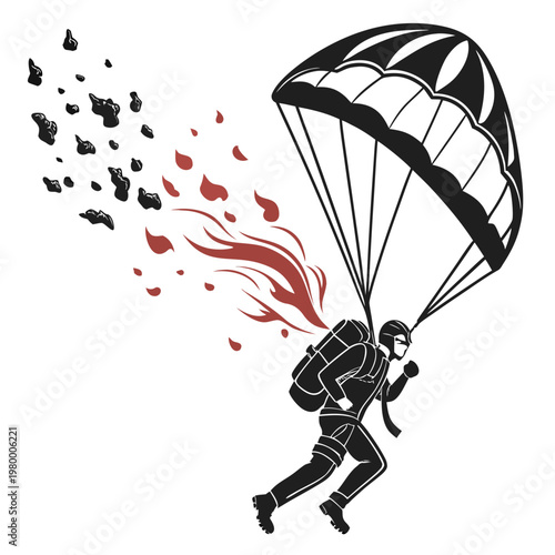 A stylized illustration depicts a skydiver descending with a parachute amidst falling debris and fiery red trails high quality professional detailed modern