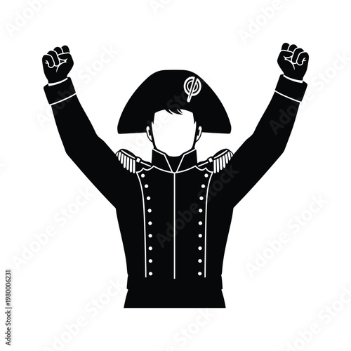 Triumphant figure in historical racing attire raising fists in victory