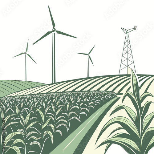 Obraz na plátně A stylized illustration depicts a rural landscape featuring rolling green hills