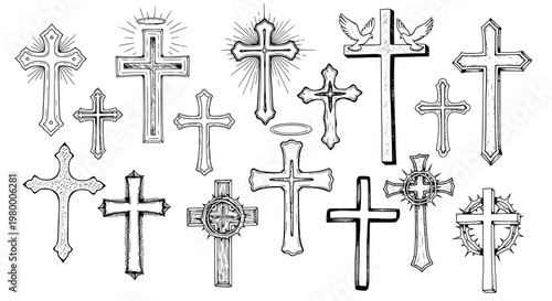Crosses religious symbol set with various designs and ornaments, including wings and sunburst patterns, in a hand-drawn style.