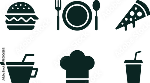 Collection of flat vector food and kitchen utensil icons for restaurant menus and culinary websites