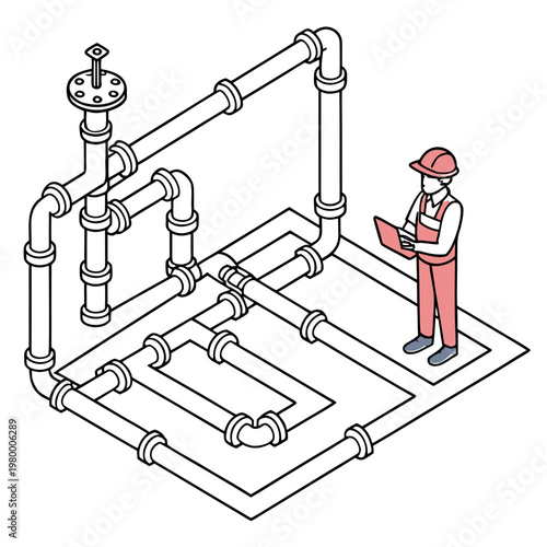 An isometric illustration depicts a worker inspecting a complex network of industrial pipes and valves in a facility setting high quality professional