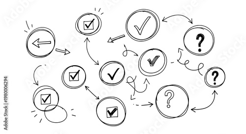 Checkmarks and question marks hand drawn set with arrows and circular symbols featuring icons, signs, checklist with decision making and