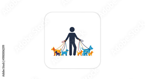 Person walking multiple colorful dogs.