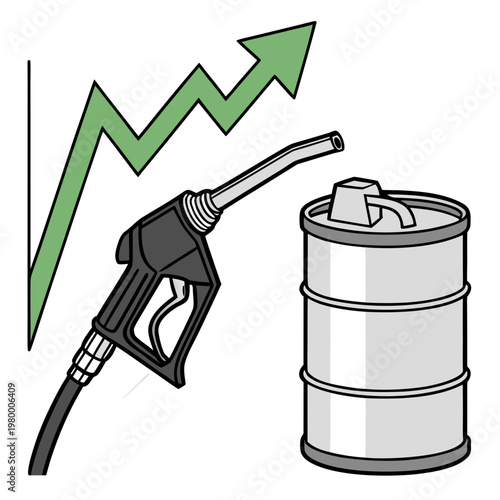 A stylized illustration depicts a rising graph superimposed over a fuel pump dispensing into an oil barrel symbolizing increasing energy costs