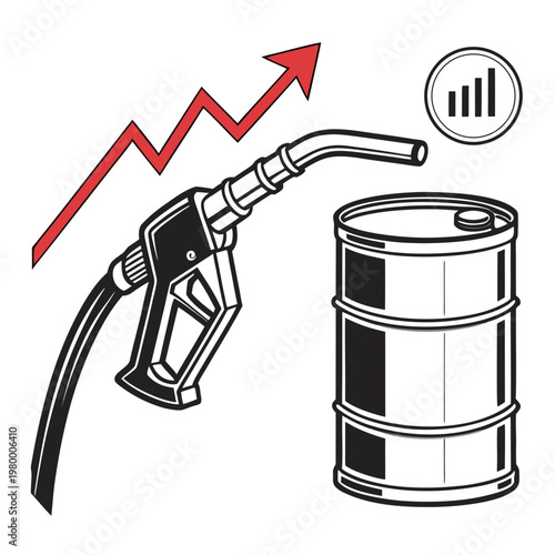 A black and white illustration depicts a rising graph a fuel pump and an oil barrel symbolizing increasing energy prices high quality